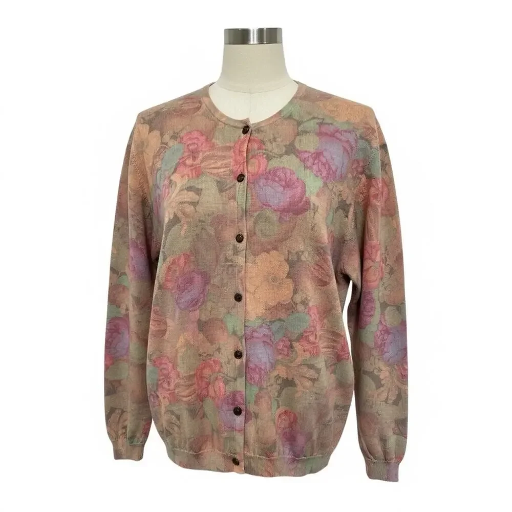 CLAUDIO FERRETTI vintage floral knit cardigan sweater size M Wool & Lana Italy